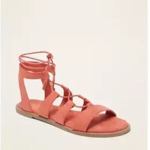 Old Navy Faux Suede Coral Rust Flat Gladiator Strappy Tie Tassel Sandals- Size 6
